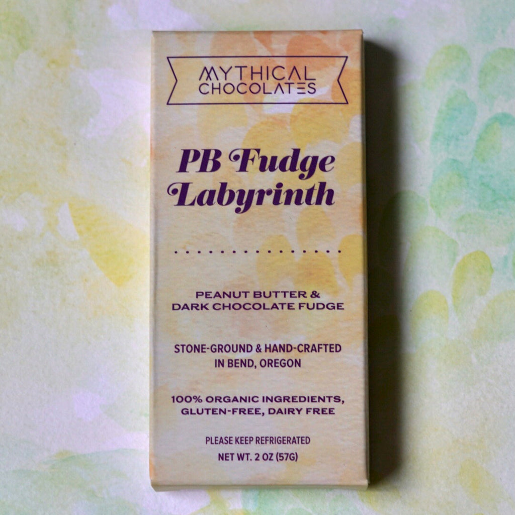 Stone-ground dark chocolate fudge bar, hand crafted in Bend, Oregon. All organic ingredients and direct-trade cacao. PB Fudge Labyrinth features handcrafted organic peanut butter bathed in chocolate fudge.
