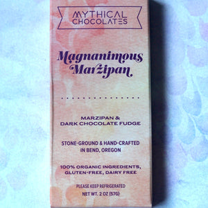 Stone-ground dark chocolate bar with marzipan, hand crafted in Bend, Oregon. All organic ingredients and direct-trade cacao. Magnanimous Marzipan features handcrafted marzipan bathed in chocolate fudge.
